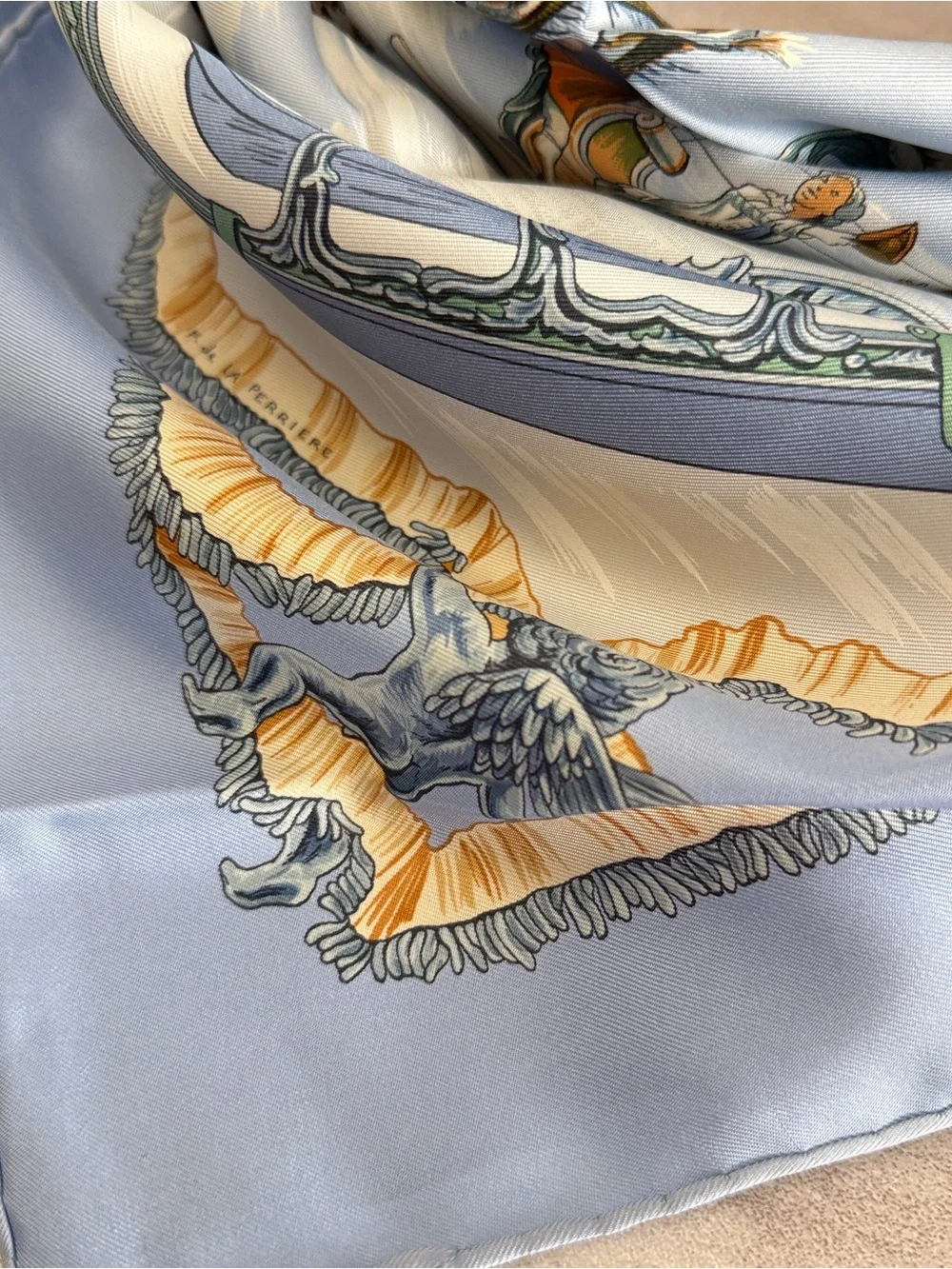 Hermes Blue, Cream and Orange Silk Scarf — Winter Sleigh Tableau